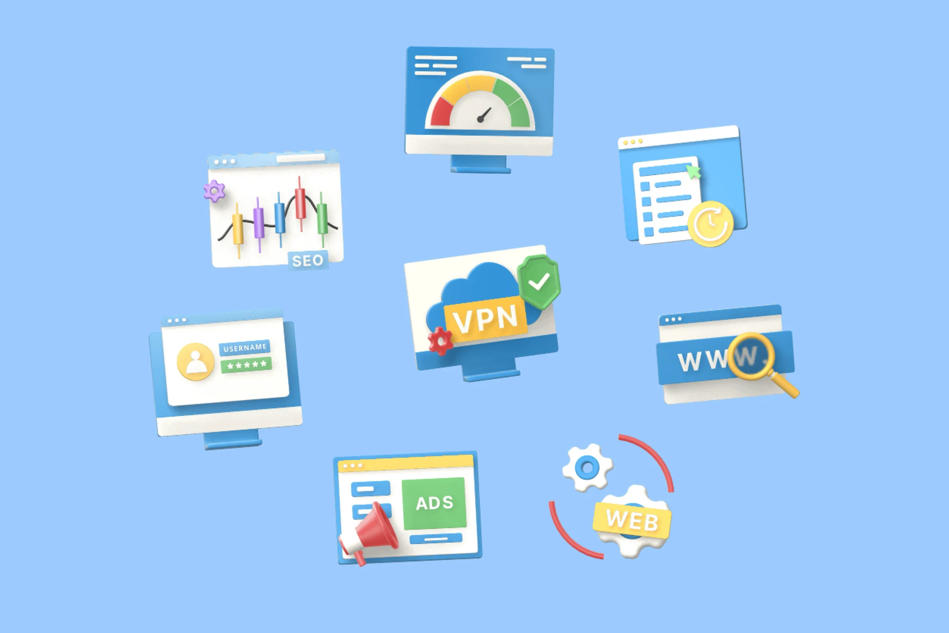 Las ocho escenas 3D de desarrollo web flotando juntas sobre un fondo azul claro: velocímetro, gráfica SEO, inicio de sesión, búsqueda WWW, VPN, anuncios, historial y engranajes
