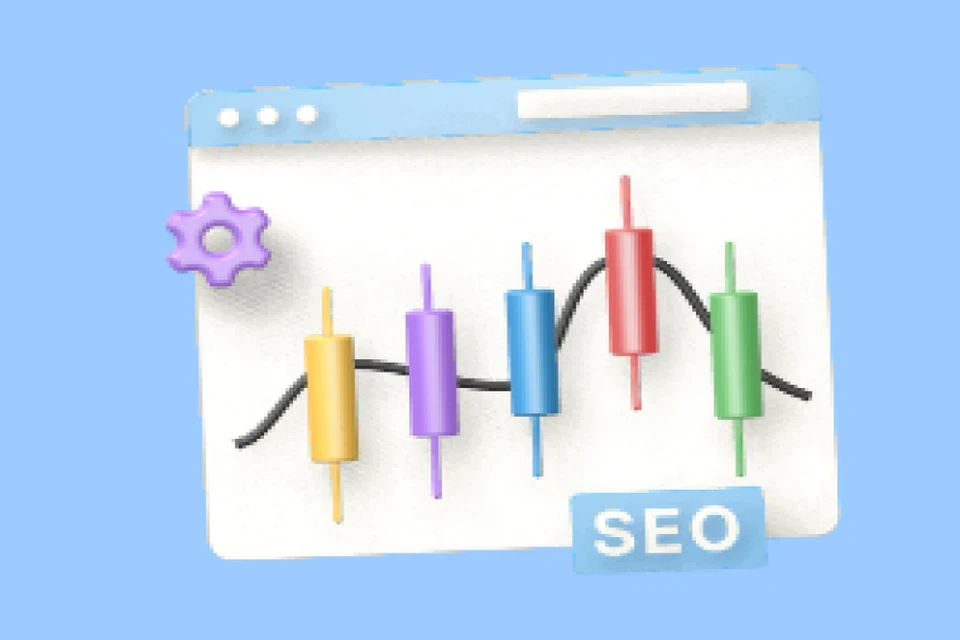 Escena 3D de una ventana con una gráfica de velas de colores y una etiqueta SEO