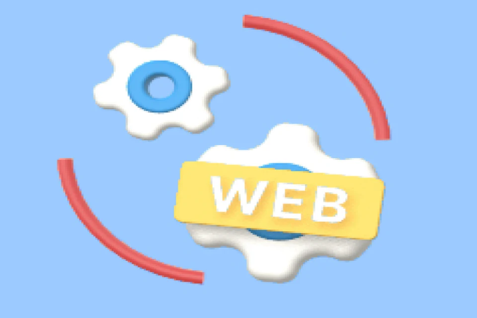 Escena 3D de engranajes blancos con una etiqueta WEB amarilla y arcos rojos alrededor