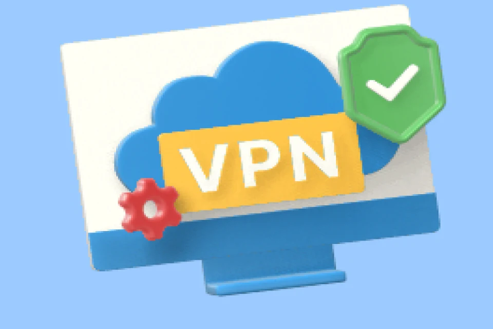 Escena 3D de una nube azul con la etiqueta VPN y un escudo verde de verificación