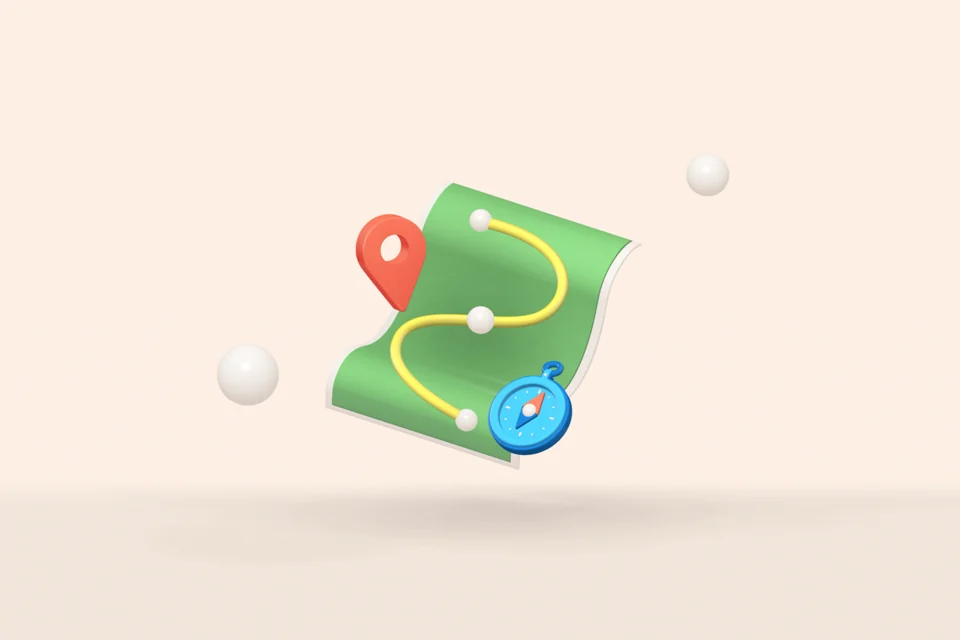 Escena 3D de un mapa verde con una ruta amarilla, marcador rojo y brújula, sobre fondo crema